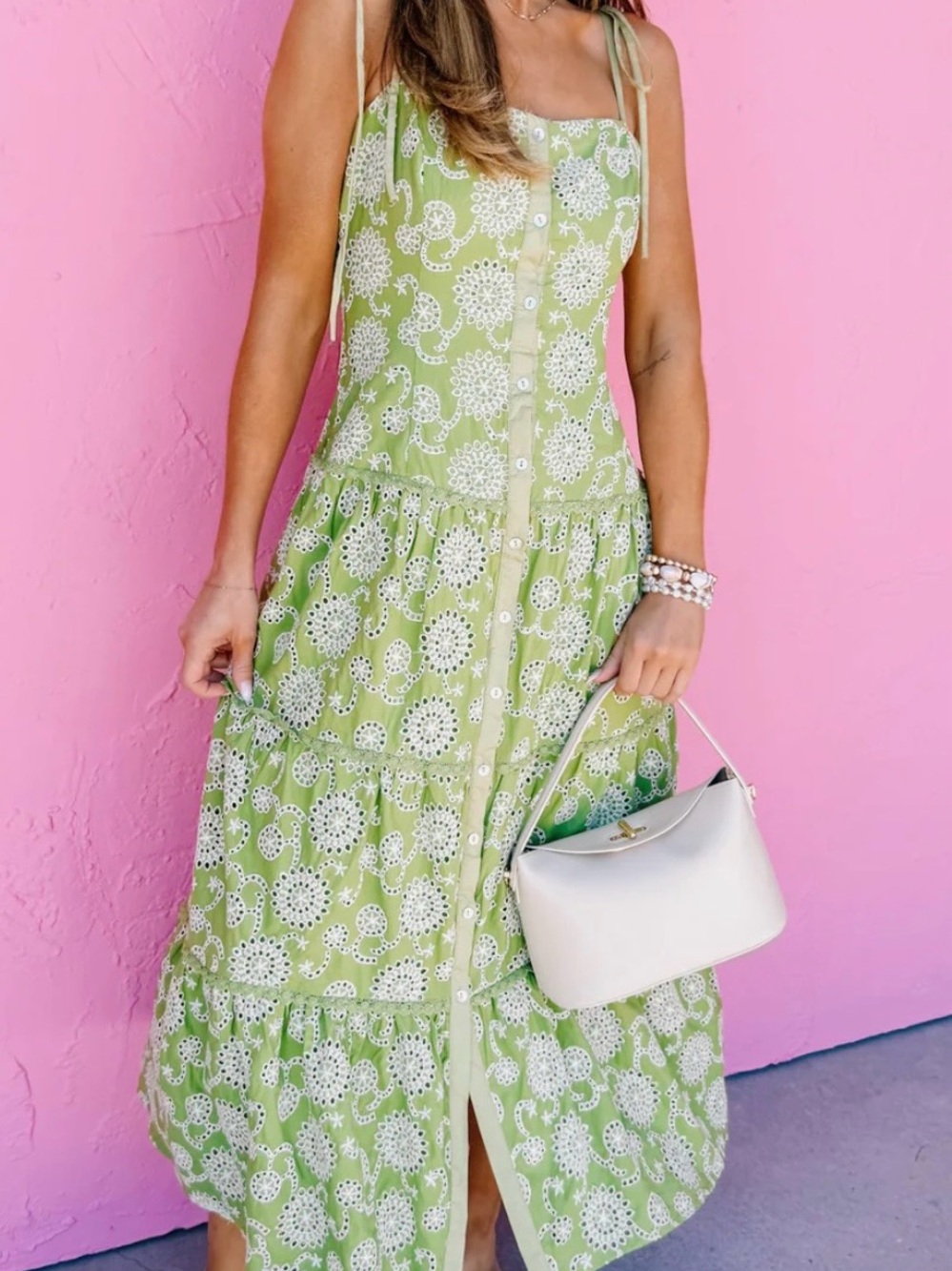 Women’s Green Floral Tie-Strap Maxi Dress